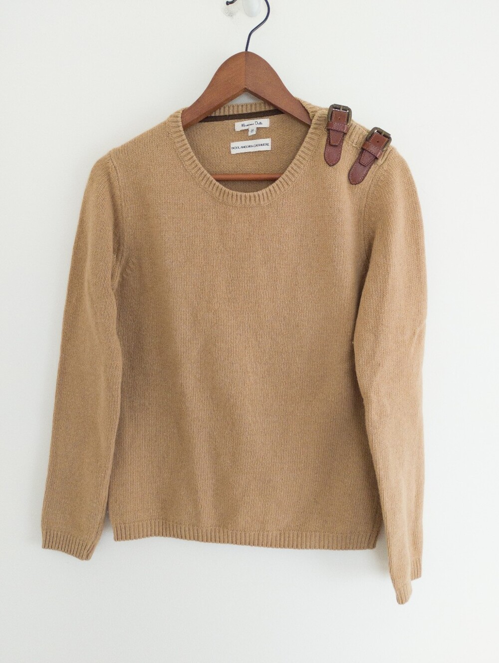 Massimo Dutti Camel Wool Cashmere Angora Leather Buckle Shoulder Sweater Medium